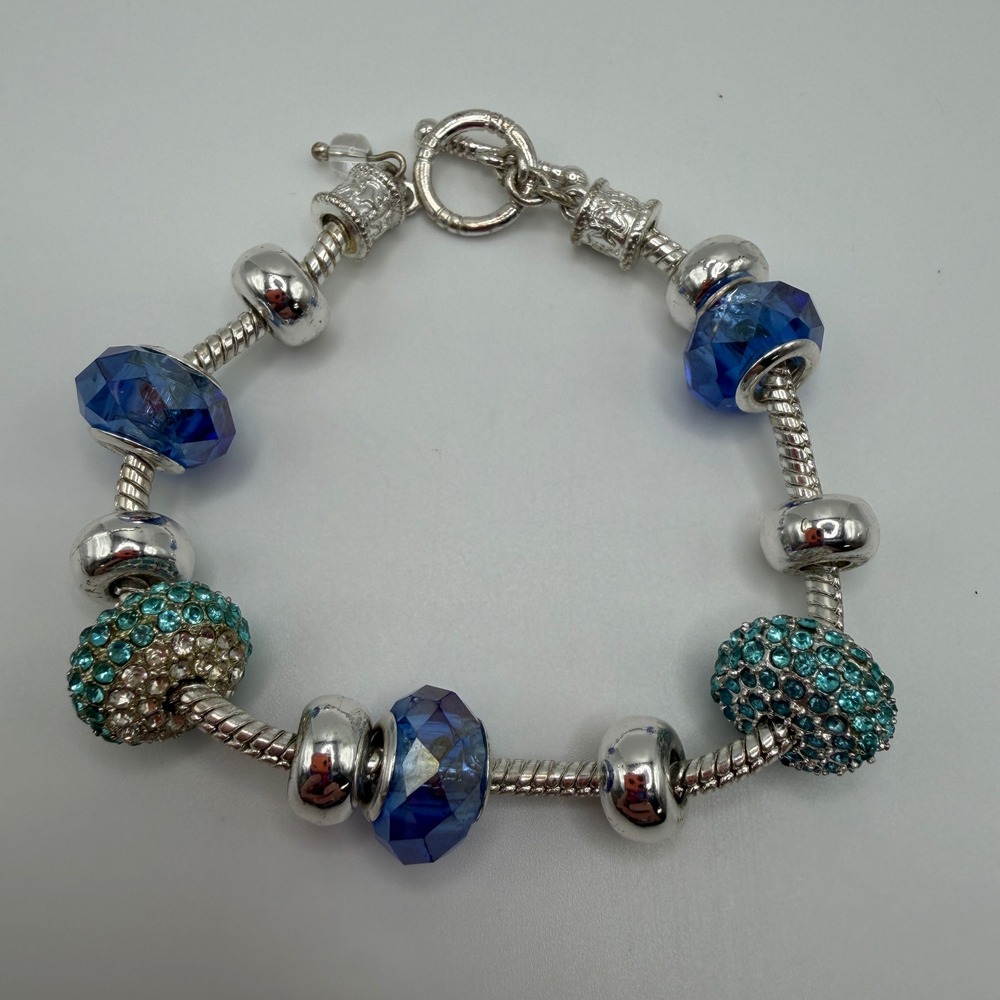 Blue Crystal Rhinestone European Charm Bracelet Silver Tone Snake Chain Toggle